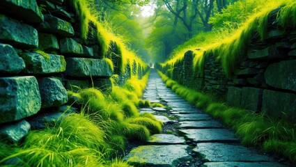 Poster - Lush green pathway bordered by stone walls and overgrown grass under dappled sunlight in a serene forest setting