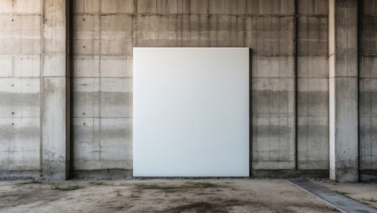 Poster - Blank white canvas on concrete wall in an industrial space with gravel floor and minimal elements in urban setting