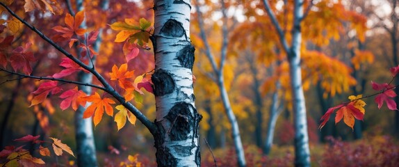 Aufkleber - Birch trees in a forest during autumn showcasing vibrant orange and red foliage with blurred background details