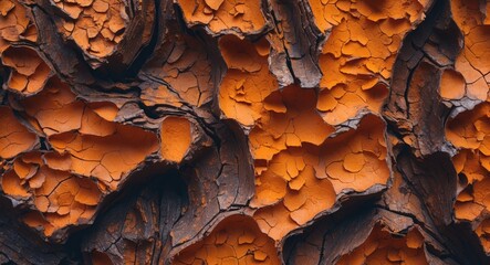 Aufkleber - Textured surface of weathered bark with deep cracks and vibrant orange hues, abstract natural pattern background.