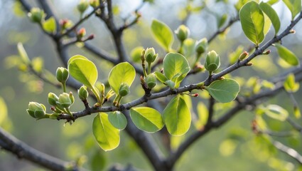 Poster - Green young leaves and buds on a tree branch with sunlight in the background during spring season