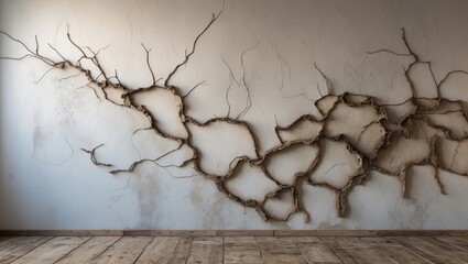 Aufkleber - abstract wall with cracked texture resembling tree branches in a minimalist room interior with wooden floor