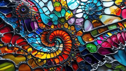 Poster - Colorful glass mosaic design with swirling patterns and vibrant hues creating an abstract art piece resembling stained glass.