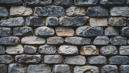 Poster - Detailed texture of a stone wall featuring irregularly shaped gray and beige stones arranged in a repeating pattern