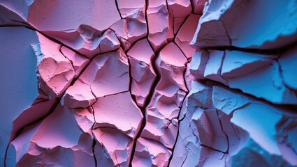 Poster - Cracked and peeling paint texture in shades of pink and blue with intricate patterns and layered details on a wall surface