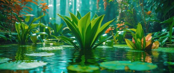 Poster - Lush tropical pond with vibrant green foliage and water lily pads surrounded by dense forest vegetation and soft light beams.