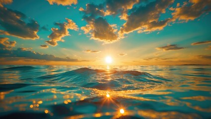 Aufkleber - Sunset over calm ocean water with reflections and clouds in a colorful sky, creating a tranquil and vibrant atmosphere.