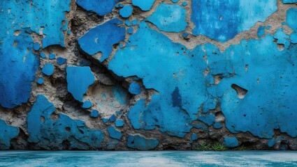 Aufkleber - Textured blue wall with peeling paint and visible concrete surface, featuring green grass at the bottom edge, abstract design background.