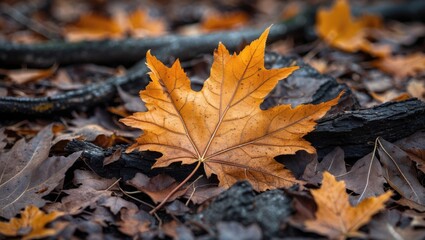 Poster - Autumn leaves on forest floor with vibrant orange maple leaf surrounded by brown foliage and tree branches in natural setting