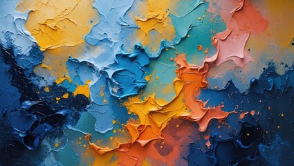 Poster - Colorful abstract textured painting with dynamic brush strokes and vivid hues of blue, orange, and yellow blending together.