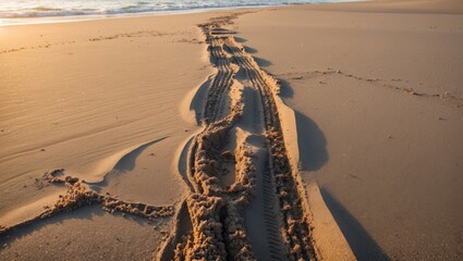 Aufkleber - Tire tracks on sandy beach with gentle waves and warm sunlight creating shadows on the sand surface