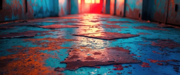 Poster - Abandoned corridor with colorful peeling paint and wet floor reflecting light in a derelict building