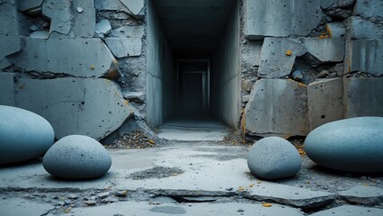 Leinwandbilder - Concrete corridor with cracked walls and large smooth stones in the foreground under diffused lighting