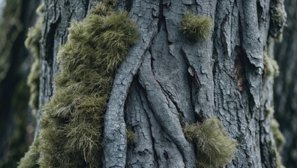 Aufkleber - Textured tree bark covered in green moss with intricate patterns and natural details in a forest environment