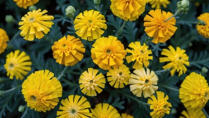 Poster - Yellow marigold flowers in full bloom with varying shapes and sizes surrounded by green leaves in natural garden setting