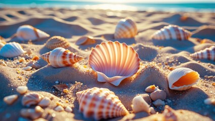 Aufkleber - Close-up of a variety of seashells scattered on sandy beach with soft sunlight reflecting on the ocean in the background