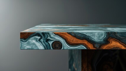 Poster - Close-up of a textured table surface featuring blue and orange abstract patterns on a dark background