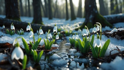 Poster - Snowdrops blooming in a forest stream surrounded by snow and trees during early spring morning light