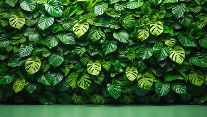 Poster - Green foliage background with various tropical leaves in a seamless arrangement for indoor or outdoor decoration.