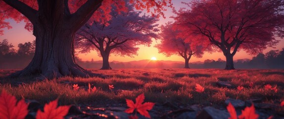 Poster - Autumn landscape with vibrant red and orange trees at sunset, colorful leaves covering the ground, tranquil natural scenery.