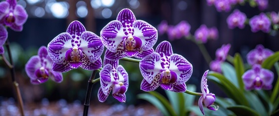Poster - Purple and white orchids in bloom with blurred floral background showcasing tropical greenhouse environment