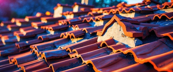 Poster - terracotta roof tiles with visible texture and traditional architectural details under natural lighting