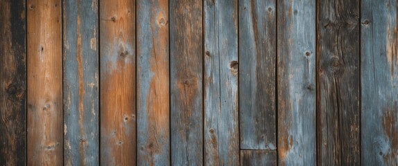 Aufkleber - Textured background of weathered wooden planks in varying shades of brown and blue with knots and imperfections