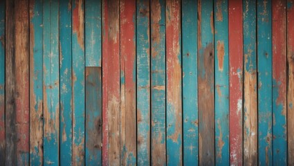 Aufkleber - Colorful weathered wooden wall with blue and red planks in rustic texture and aged appearance
