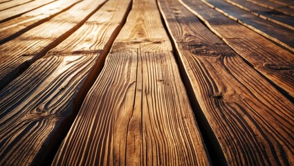 Aufkleber - Wooden floor planks with rich texture and natural patterns illuminated by warm sunlight creating a rustic background