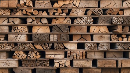 Aufkleber - Stacks of various wooden logs and blocks arranged in a detailed pattern showcasing different textures and shapes