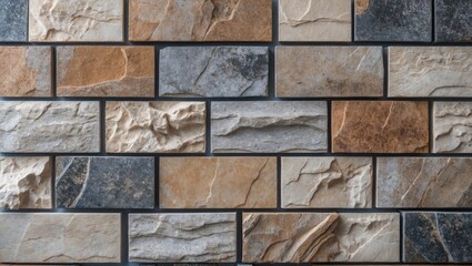 Poster - Textured stone wall tiles in various colors and patterns forming a seamless brick-like pattern suitable for home interiors or exteriors.