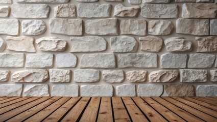 Aufkleber - Textured stone wall with wooden floor in interior design setting natural colors and materials for home decor backgrounds