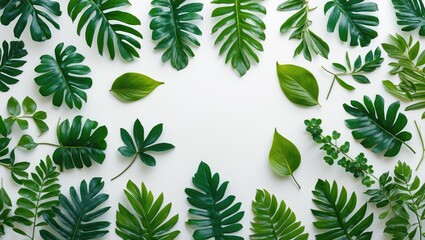 Aufkleber - Green tropical leaves arranged on a white background creating a natural pattern with various shapes and sizes of foliage