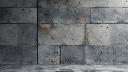Poster - Concrete textured wall with gray blocks and rust stains interior background design for modern architecture and industrial style aesthetics
