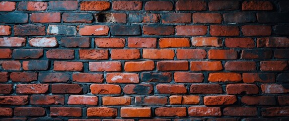 Poster - Red and black brick wall texture with uneven layers and weathered appearance suitable for backgrounds and architectural design