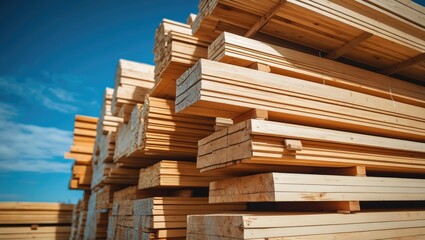 Poster - Stacked pristine timber lumber under a clear blue sky showcasing the texture and color of wooden planks ready for construction