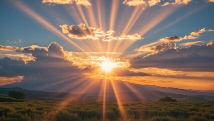Aufkleber - Sunrise over a vast landscape with dramatic rays of sunlight breaking through clouds illuminating the foreground and distant hills.