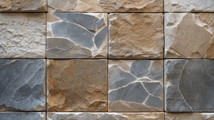 Poster - Textured natural stone wall tiles in varying shades of gray and beige arranged in a patterned layout with rough surfaces