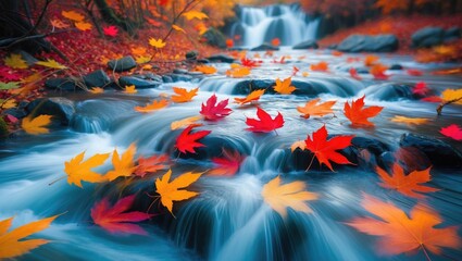 Poster - Autumn stream with colorful maple leaves in motion blurring over rocky terrain with waterfalls in a vibrant forest setting