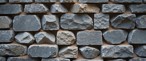 Poster - Textured stone wall made of irregular gray slate bricks arranged in a structured pattern