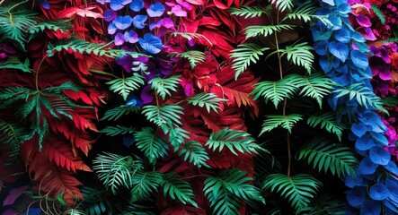 Poster - Colorful foliage arrangement with vibrant red, blue, and green leaves creating a lush botanical background.