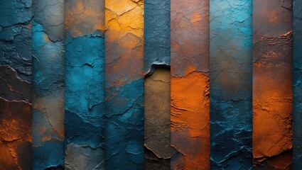Poster - Textured abstract background featuring layers of blue, orange, and brown colors with a rough, aged surface appearance.