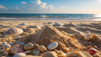 Aufkleber - Seashore sand with shells in foreground and gentle waves in background under partly cloudy sky during golden hour lighting.