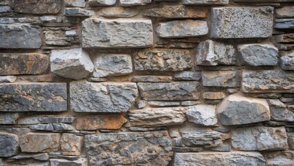 Poster - Textured stone wall with various sizes and shapes of gray and brown stones arranged in an irregular pattern