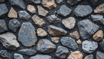 Poster - Textured background of grey and beige stones with various shapes and sizes arranged closely together on a dark surface.