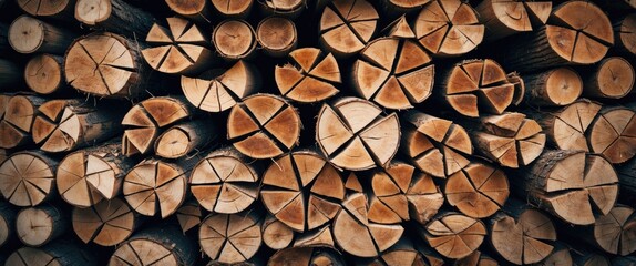 Poster - Stacked wooden logs background with cross sections displaying annual rings and cut patterns in natural colors.