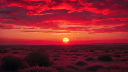 Aufkleber - Vibrant sunset over arid landscape with dramatic red and orange clouds and silhouetted vegetation in foreground