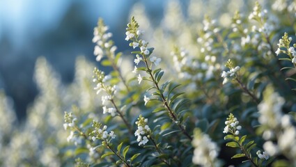 Poster - Delicate white flowers with green leaves in a natural setting with soft focus and subtle background blur.