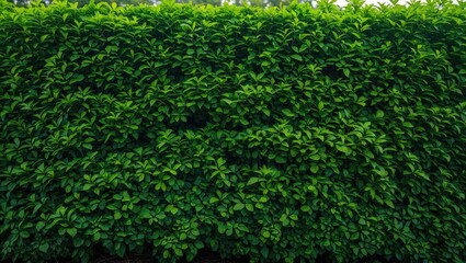 Poster - Dense green hedge foliage covering a wall in a lush garden setting with vibrant leaves under natural light.