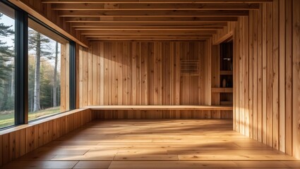 Aufkleber - Modern minimalist wooden interior with large windows, natural light, and wooden flooring in contemporary design space.